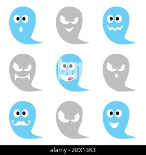 Halloween ghost vector icons set - cute scary, friendly, happy characters for celebrating Halloween Stock Vector