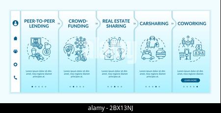 Sharing economy onboarding vector template. Carsharing, crowdfunding and real estate sharing services. Responsive mobile website with icons. Webpage w Stock Vector