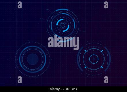 Set of HUD circle targets. Sci-fi round head-up display for futuristic user interface HUD, UI, GUI. Tech and science theme. Editable stroke. Good for Stock Vector