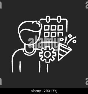 Event manager chalk white icon on black background. Party planning. Preparing for date. Worker organize corporate celebration. Arranging appointment. Stock Vector