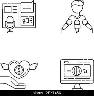 Public relation pixel perfect linear icons set. Advertorial press release. Spokesperson with microphones. Customizable thin line contour symbols. Isol Stock Vector
