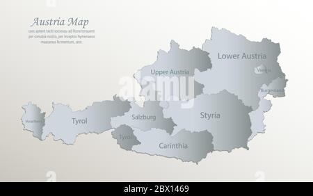 Austria map, administrative division with names, white blue card paper 3D vector Stock Vector