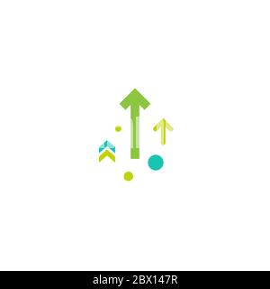 three green arrows up with dots on white background. Launch, upgraid icon. Creative project start, business advance, breakthrough sign. Fast growth sy Stock Vector