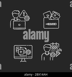 Management chalk white icons set on black background. Crisis management. Visual portfolio. Multimedia gallery. Content manager. Party organization. Is Stock Vector