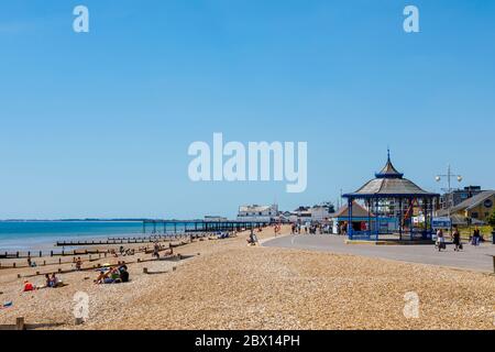 The Esplanade promenade running along the shingle beach and the bandstand at Bognor Regis, a seaside town in West Sussex, south coast England Stock Photo