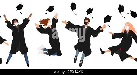 Seamless border with happy graduate students in medical masks. 2020 Grads jumping and throwing the mortarboard high into the air. Flat vector Stock Vector