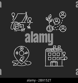 Event organization chalk white icons set on black background. Special event for corporate employees. Stakeholder invest in organization. Open house da Stock Vector