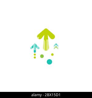 three green arrows up with dots on white background. Launch, upgraid icon. Creative project start, business advance, breakthrough sign. Fast growth sy Stock Vector