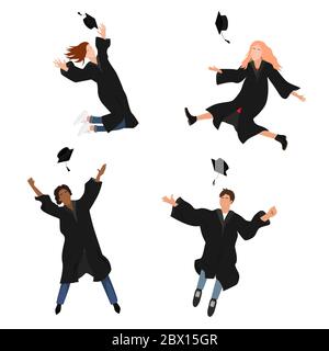 Vector set with happy graduate students in graduation clothing. Grads, jumping and throwing the mortarboards high into the air. Flat vector Stock Vector