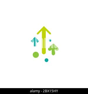 three green arrows up with dots on white background. Launch, upgraid icon. Creative project start, business advance, breakthrough sign. Fast growth sy Stock Vector