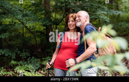 Senior tourist couple with backpacks on a walk in forest in nature.
