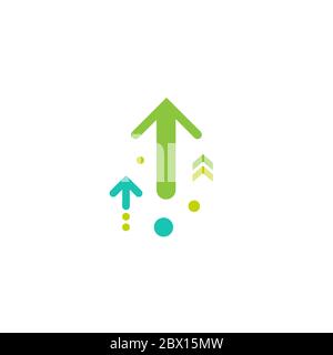 three green arrows up with dots on white background. Launch, upgraid icon. Creative project start, business advance, breakthrough sign. Fast growth sy Stock Vector