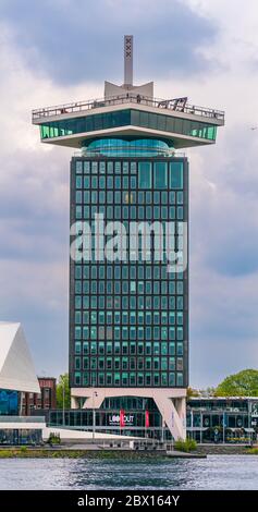 Amsterdam, May 6th, 2019 - Tourist attraction Amsterdam Tower with the lookout at the top. In the North part of town