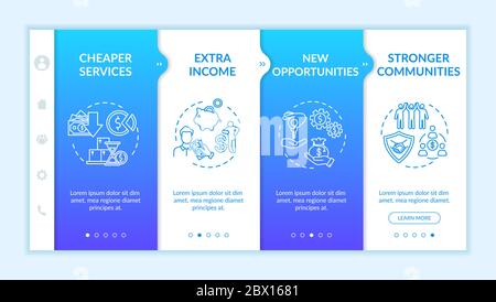 Sharing economy advantages onboarding vector template. Cheaper services and stronger communities. Responsive mobile website with icons. Webpage walkth Stock Vector