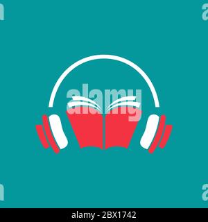 Audio book logo. red open book with headphones or headset on blue background. Flat vector illustration. Internet education online logo. Study, learn o Stock Vector