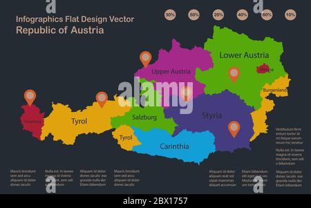 Infographics Austria map, flat design colors, names of individual administrative division, blue background with orange points vector Stock Vector