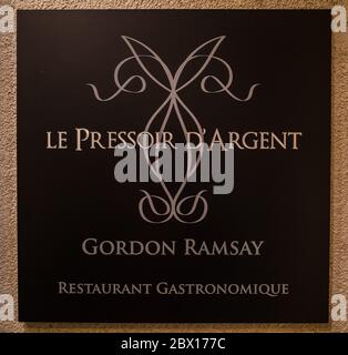 Bordeaux, France, 9 may 2018 - Restaurant sign outside  the Le Pressoir D' Argent Restaurant In the Grand Hotel de Bordeaux owned by Gordon Ramsay Stock Photo