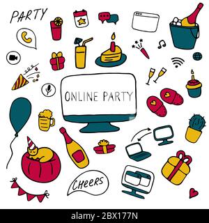 Online party icon set. Doodle celebration signs. Hand drawn flat vector illustration. Stock Vector