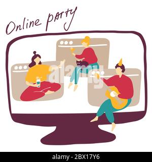 Quarantine online friends party. Girls and guy talk, drink cocktails and play guitar remotely from each other. Birthday party in internet, video confe Stock Vector