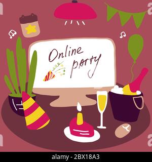 Celebrating at home. Online party. Attributes of the celebration. Stay home, quarantine design concept. Hand drawn flat vector illustration. Stock Vector