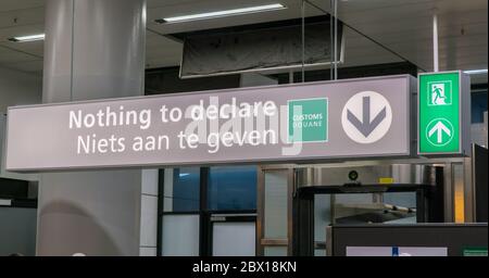 Schiphol, The Netherlands 20 May 2017: Nothing to declare, Niets aan te geven sign at Schiphol airport Stock Photo