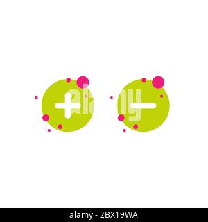 plus and minus circle flat vector icons isolated on white. Add or plus purchase pictogram. Good for web and mobile design. Blue buttons with shadow Stock Vector