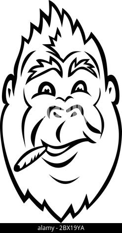 Black and white mascot illustration of head of a gorilla smoking a cigarette or cannabis, marijuana joint viewed from front on isolated white backgrou Stock Vector