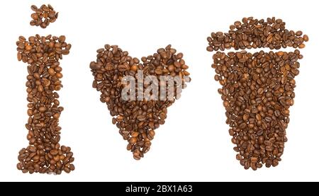 Coffee beans isolated on a white background. Inscription i love coffee. Heart. Coffee fresh roast to go Stock Photo