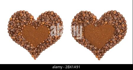 Heart made from coffee beans with ground coffee inside. Fresh roast. Concept Love Stock Photo