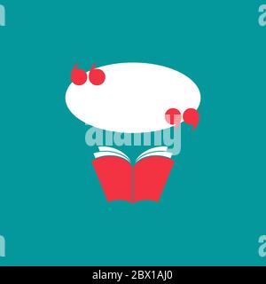 Open book with red book cover, white speech bubble and quote marks. Isolated on blue background. Flat reading icon. Vector illustration. quotation log Stock Vector