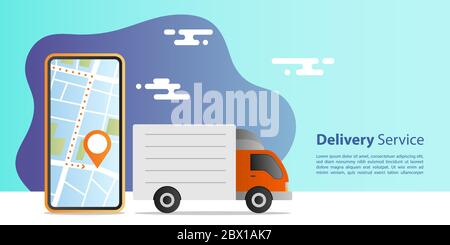 Online express delivery concept. Truck delivery for service with location mobile application. E-commerce concept. Vector illustration. Stock Vector