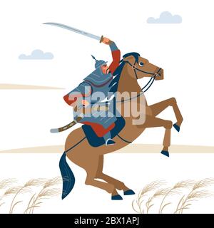 Nomad mongol man riding brown horse in steppe holding sword attacking. Central Asian warrior horseman, ready to attack in battle. Isolated vector Stock Vector