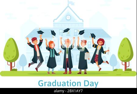 Graduation day, happy students celebrating and jumping Stock Vector