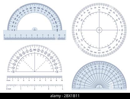 Protractor. Angles measuring tool, round 360 protractors scale and 180 degrees measure vector illustration set Stock Vector