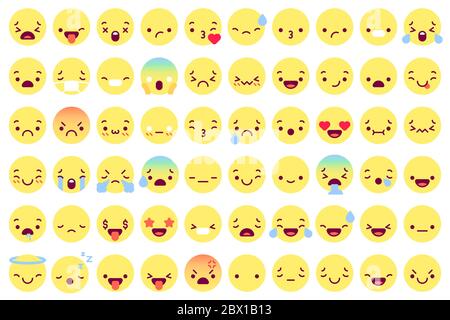 Flat emoji faces. Flat emoticon smiling avatars with different face emotions. Happy, sad and winking, angry funny message vector icons set Stock Vector