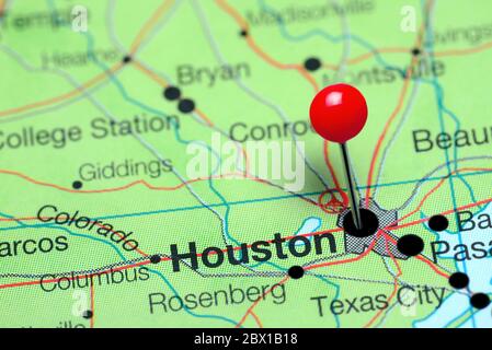 Houston pinned on a map of Texas, USA Stock Photo