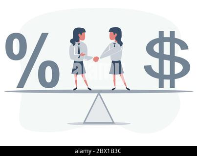 Business partners shaking hands as a symbol of unity. Business people standing on seesaw between percent sign and dollar sign. Female teamwork. Stock Vector
