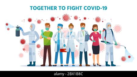 Together to fight Covid-19. Healthcare collaboration, fights coronavirus. Doctors, nurses and people wearing safety face mask and use sanitizer spray Stock Vector