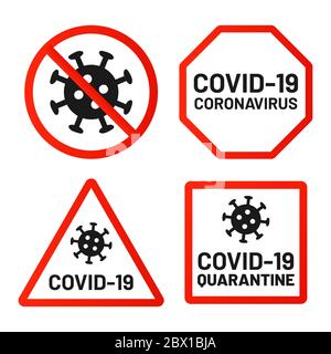 Covid-19 signs ban, attention and warn set Stock Vector