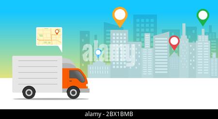 Express delivery concept. Delivery truck with location mobile application. E-commerce concept. Vector illustration. Stock Vector