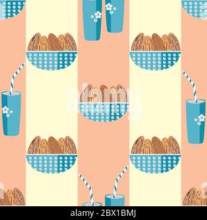 Almond milk vector seamless pattern background. Striped geometric backdrop of brown healthy nuts in bowls with drinks glasses and straws All over Stock Vector