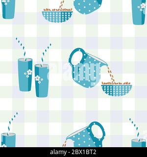 Almond milk vector seamless pattern background. Pretty blue drinks glasses and jugs pouring healthy nuts into bowls on pastel gingham backdrop. All Stock Vector
