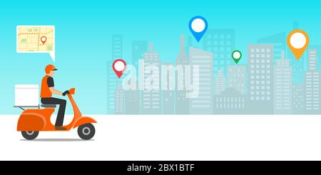 Express delivery concept. Delivery man riding scooter motorcycle with location mobile application. E-commerce concept. Vector illustration. Stock Vector