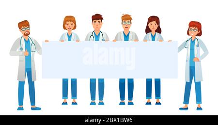 Doctors holding empty banner. Medical staff hold Stock Vector