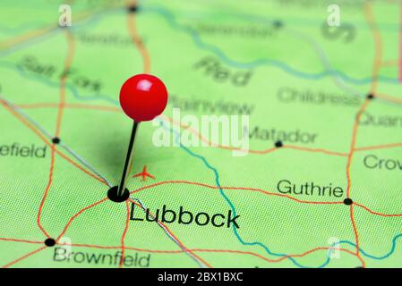 Lubbock pinned on a map of Texas, USA Stock Photo