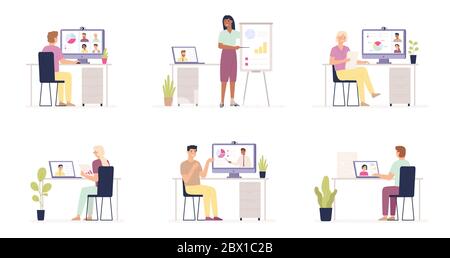 Business video conference. People work and meeting with video online software. Stay at home to prevent coronavirus covid-19 vector concepts Stock Vector