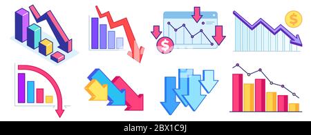 Fall down chart. Finance crisis, business problem and economy drop. Down arrow graph, loss and decrease income. Profit declining vector set Stock Vector