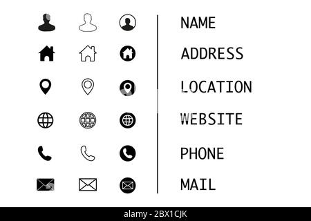 Business card, finance and communication icons. Contact information symbols. Stock Vector