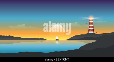 sailboat and lighthouse by the ocean at sunset beautiful seascape vector illustration EPS10 Stock Vector