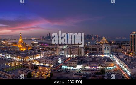 Night aerial view of iconic fanar mosque, Doha Qatar Stock Photo - Alamy